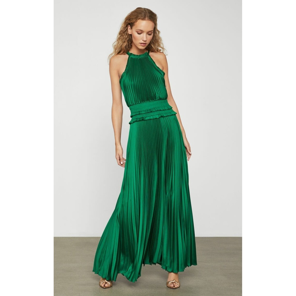 BCBGMAXAZRIA Emerald Green Satin Plisse High-Neck Maxi Dress XXS Pleated Elegant - Picture 3 of 16